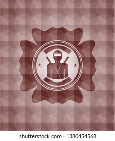 ninja icon inside red badge with geometric background. Seamless.