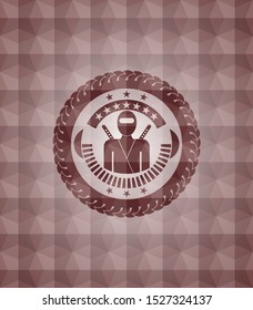 ninja icon inside red badge with geometric background. Seamless.