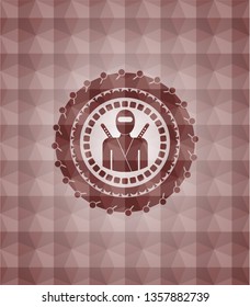 ninja icon inside red emblem with geometric pattern. Seamless.