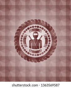 ninja icon inside red emblem or badge with geometric pattern background. Seamless.