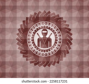 ninja icon inside red emblem or badge with abstract geometric pattern background. Seamless. 