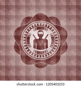 ninja icon inside red seamless emblem or badge with geometric pattern background.