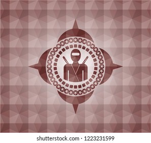 ninja icon inside red seamless badge with geometric pattern.