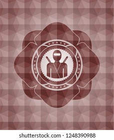 ninja icon inside red seamless badge with geometric pattern.