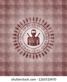 ninja icon inside red seamless emblem or badge with abstract geometric polygonal pattern background.
