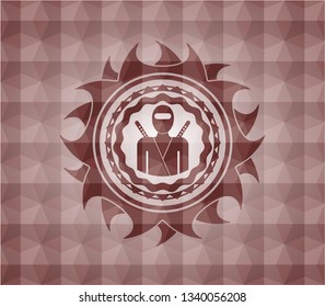 ninja icon inside red seamless emblem or badge with geometric pattern background.