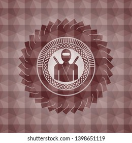 ninja icon inside red seamless emblem or badge with geometric pattern background.