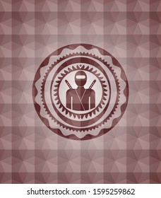 ninja icon inside red seamless emblem with geometric pattern.