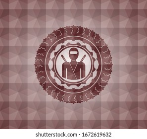 ninja icon inside red seamless emblem with geometric pattern background.