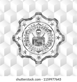 ninja icon inside retro style grey emblem with geometric cube white background
