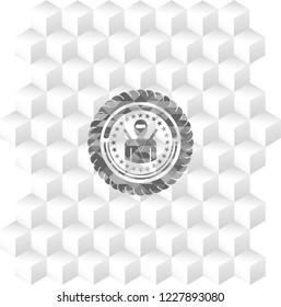 ninja icon inside retro style grey emblem with geometric cube white background
