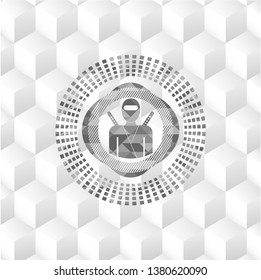 ninja icon inside retro style grey emblem with geometric cube white background