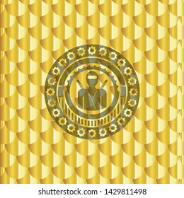 ninja icon inside shiny golden badge. Scales pattern. Vector Illustration. Detailed.