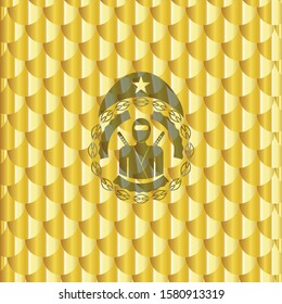 ninja icon inside shiny golden emblem. Scales pattern. Vector Illustration. Detailed.