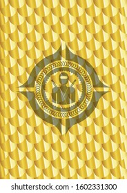 ninja icon inside shiny golden emblem. Scales pattern. Vector Illustration. Detailed.