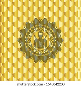 ninja icon inside shiny golden badge. Scales pattern. Vector Illustration. Detailed.