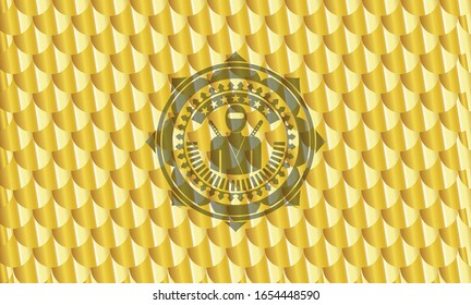 ninja icon inside shiny golden emblem. Scales pattern. Vector Illustration. Detailed.