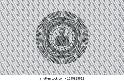 ninja icon inside silver color badge or emblem. Scales pattern. Vector Illustration. Detailed.