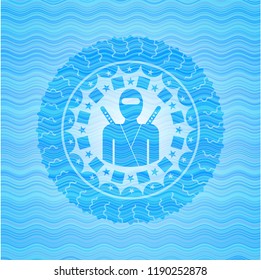 ninja icon inside sky blue water style badge.