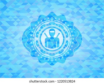 ninja icon inside sky blue emblem with mosaic background