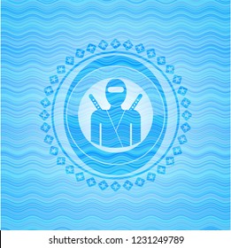 ninja icon inside sky blue water style emblem.