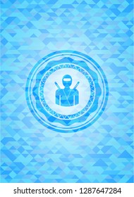 ninja icon inside sky blue emblem with mosaic ecological style background
