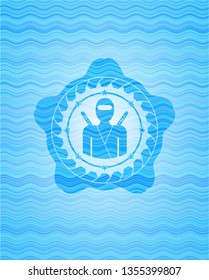 ninja icon inside sky blue water emblem background.