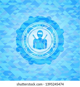 ninja icon inside sky blue emblem with mosaic ecological style background