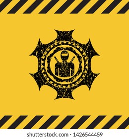 ninja icon inside warning sign, black grunge emblem. Vector Illustration. Detailed.