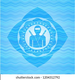 ninja icon inside water wave badge background.