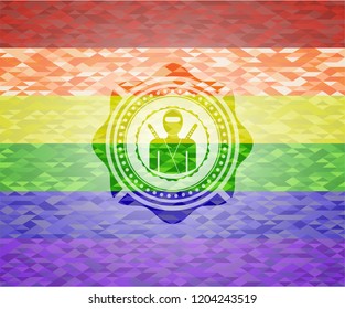 ninja icon on mosaic background with the colors of the LGBT flag