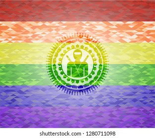 ninja icon on mosaic background with the colors of the LGBT flag