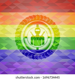 ninja icon on mosaic background with the colors of the LGBT flag