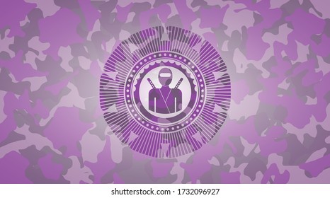 ninja icon on pink and purple camouflage pattern. 