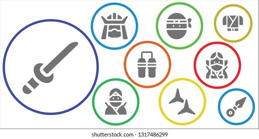 ninja icon set. 9 filled ninja icons.  Simple modern icons about  - Katana, Samurai, Ninja, Shuriken, Nunchaku, Kunai