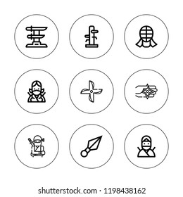 Ninja icon set. collection of 9 outline ninja icons with katana, kendo, kunai, ninja, shuriken icons. editable icons.