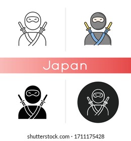 Ninja Icon. Traditional Japanese Fighter. Asian Assassin In Mask And Costume. Samurai With Two Katanas. Mercenary With Sword. Linear Black And RGB Color Styles. Isolated Vector Illustrations