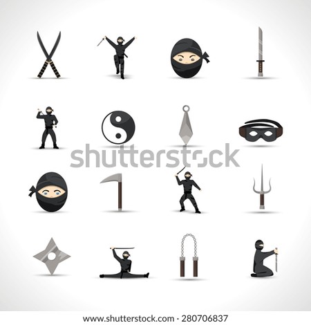 Ninja icons flat set with japanese men in traditional fighting costumes and weapon isolated vector illustration