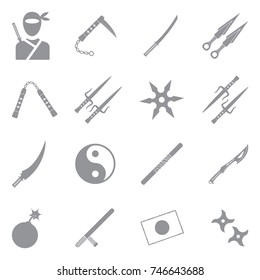 Ninja Icons. Gray Flat Design. Vector Illustration. 