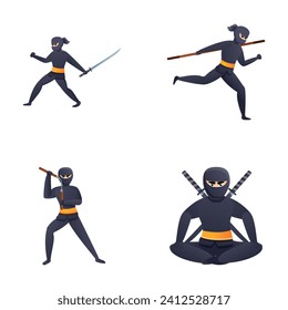 Iconos Ninja establecen el vector de dibujos animados. Carácter Ninja en pose de lucha. Carácter asiático con máscara