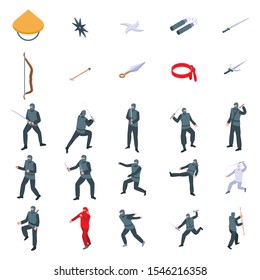 Ninja icons set. Isometric set of ninja vector icons for web design isolated on white background