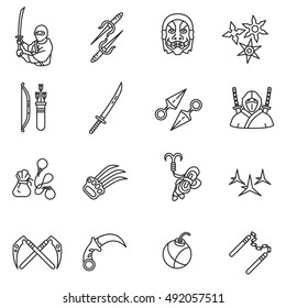 Ninja icons set, line style. ninja weapons collection. warrior attributes, isolated vector linear symbols
