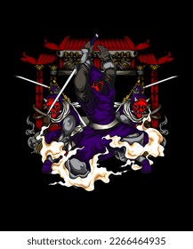 diseño de ilustración ninja en acción en las sombras