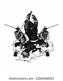 diseño de ilustración ninja en acción en las sombras