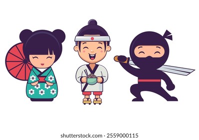 ninja, japanese cook, kokeshi doll vector cartoon icons