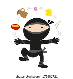 A Ninja juggles kitchen stuff and food recipes. EPS10 vector. Editable Clip Art.