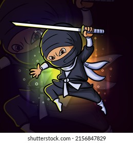 The ninja is jumping and attacking with the katana esport mascot design logo of illustration