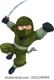 Ninja Jumping and Brandishing Sword illustration