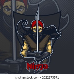 Ninja con katakana sobre un fondo oscuro, logo y equipo deportivo.