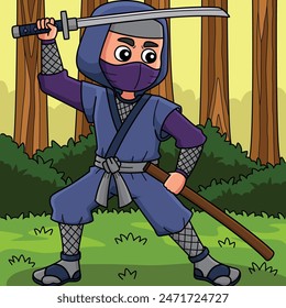 Ninja with a Katana and Sheath Colored Cartoon 